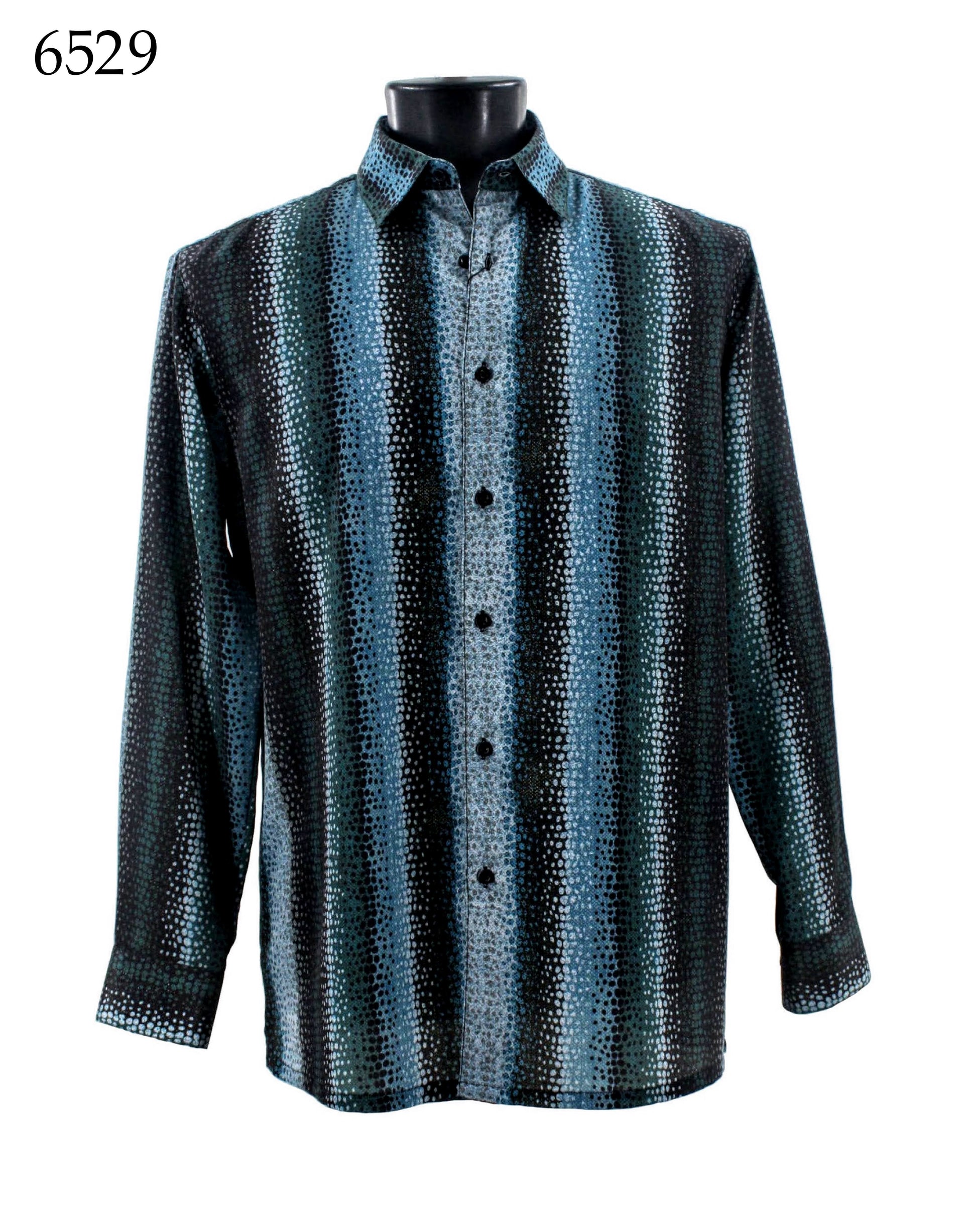 The Bassiri Long Sleeve Shirt 6529 in blue and black with a vertical striped pattern is displayed on a mannequin bust.