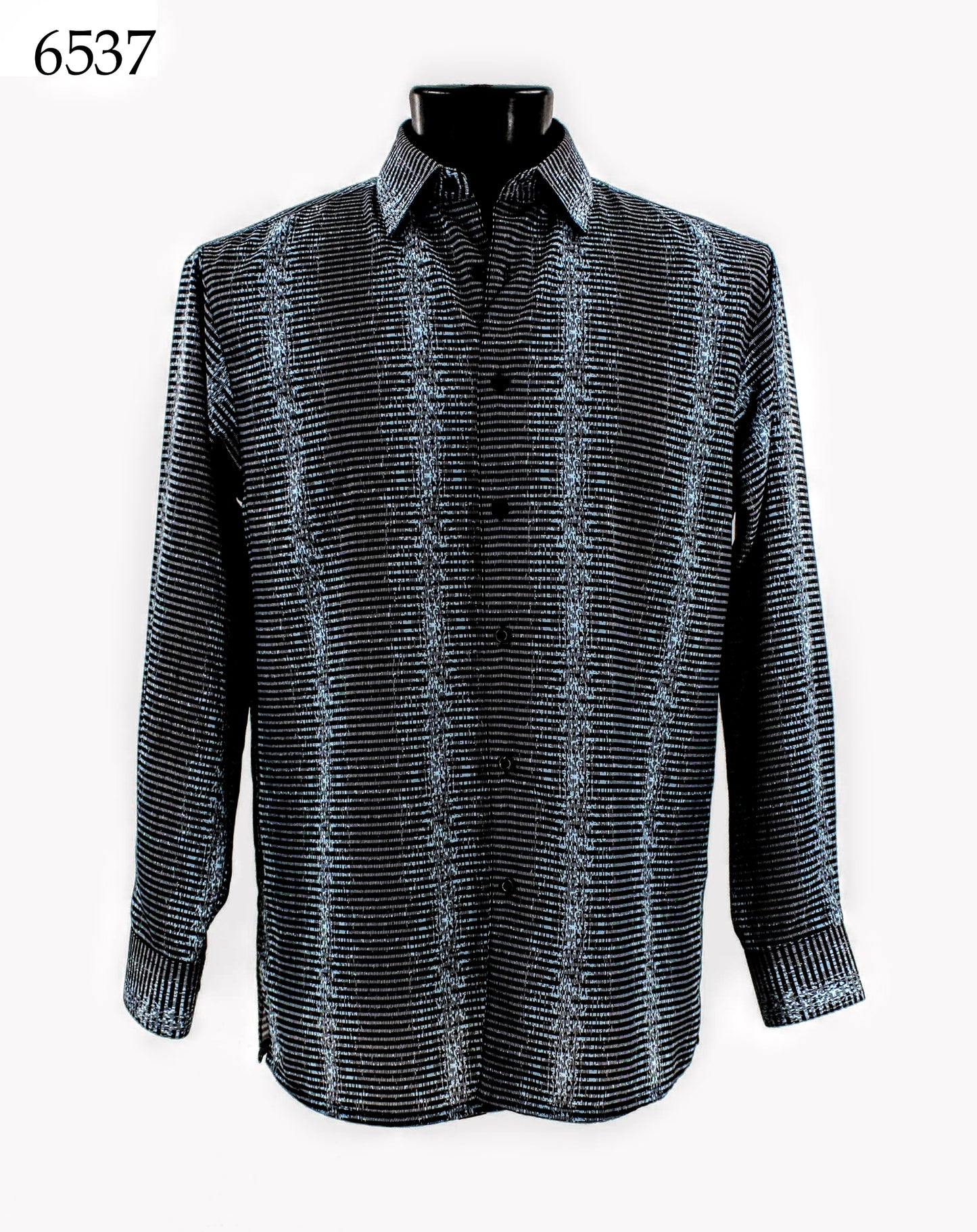 Bassiri Long Sleeve Shirt 6537, a button-up from the Bassiri brand, showcases a black and white geometric pattern on display on a mannequin.