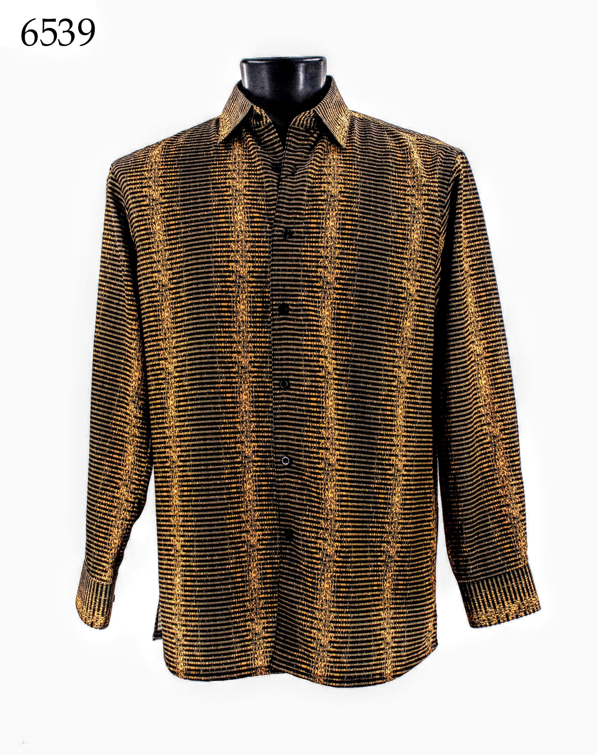 Bassiri Long Sleeve Shirt featuring a gold and black woven pattern displayed on a mannequin, with code "6539" visible in the top left corner.