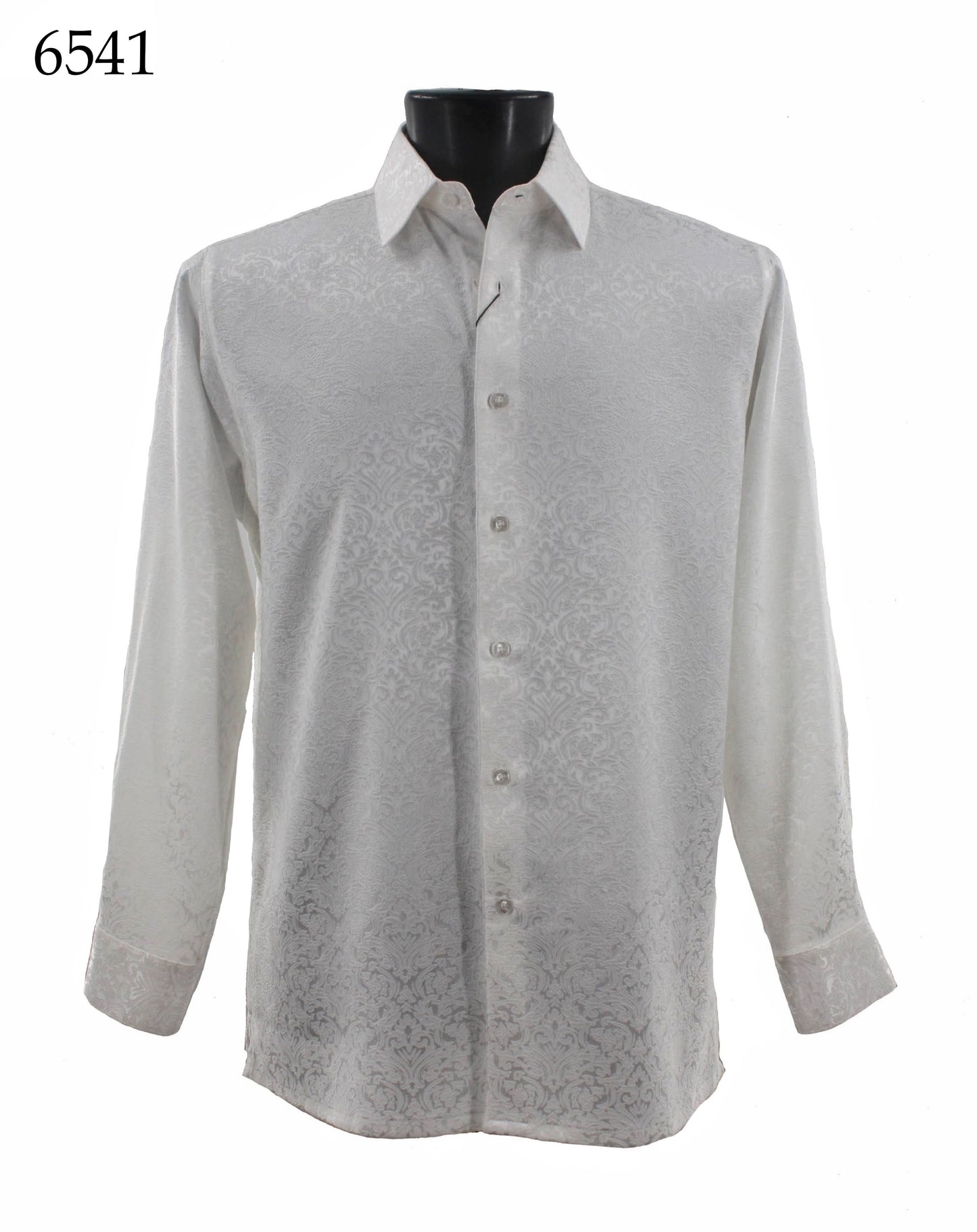 The Bassiri Long Sleeve Shirt 6541, a white regular-fit button-up with a subtle floral pattern, is displayed on a black mannequin torso.