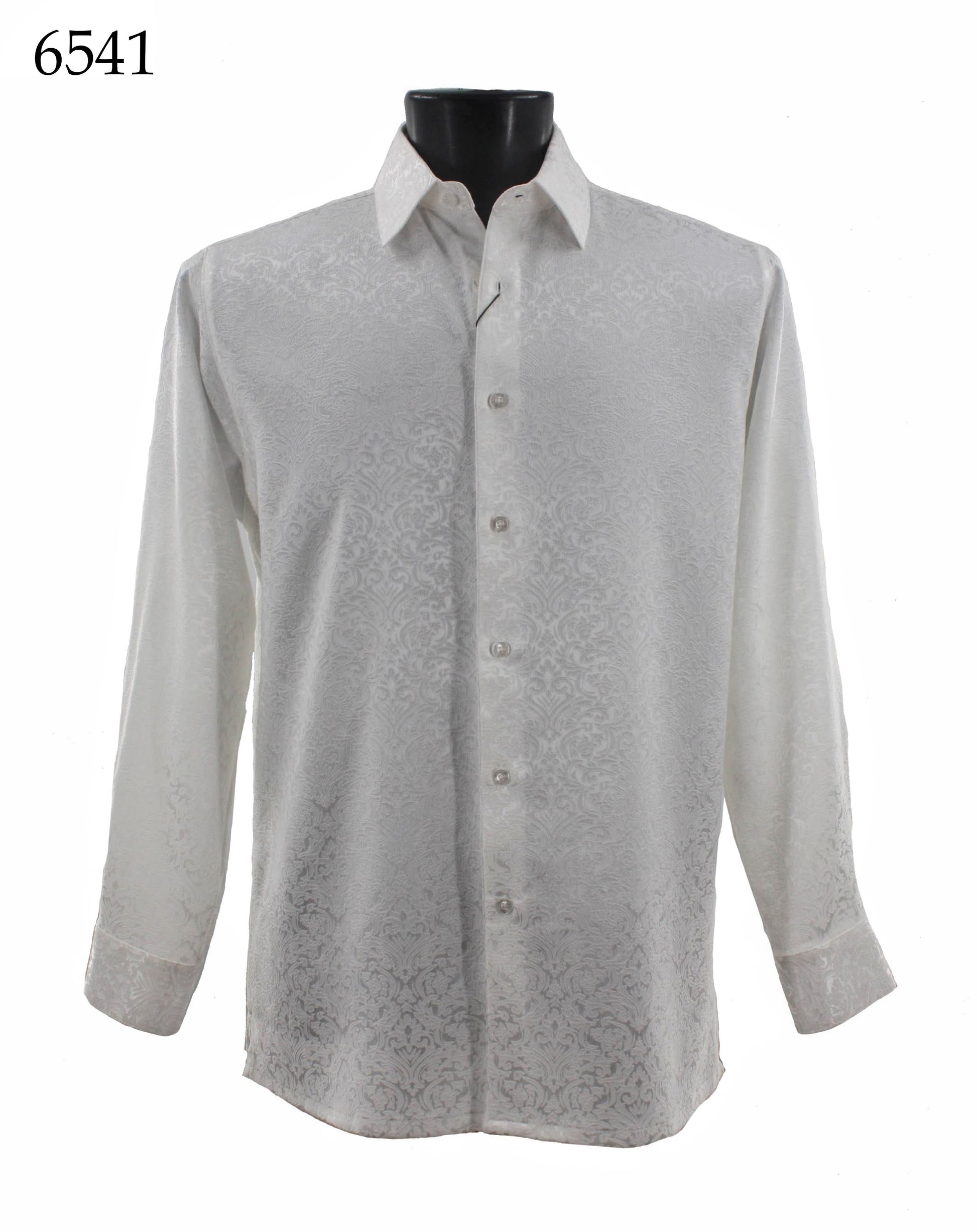 The Bassiri Long Sleeve Shirt 6541, a white regular-fit button-up with a subtle floral pattern, is displayed on a black mannequin torso.