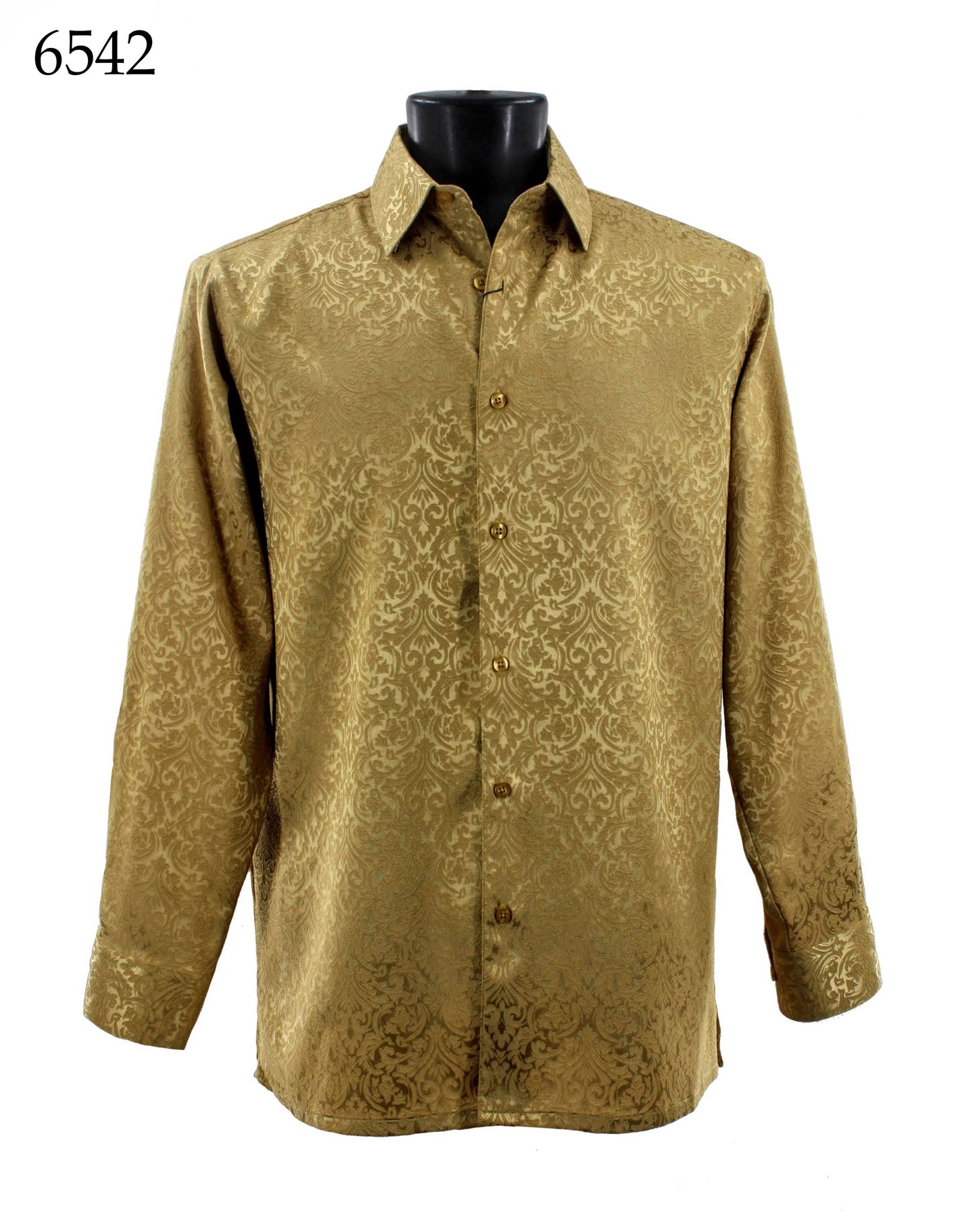 The Bassiri Long Sleeve Shirt 6542, by Bassiri, is displayed on a black mannequin torso. It features gold brocade with a floral pattern, button closure, and regular fit.