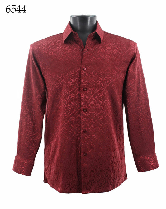 The Bassiri Long Sleeve Shirt 6544, a red Regular Fit button-up with a subtle textured pattern, is displayed on a mannequin.