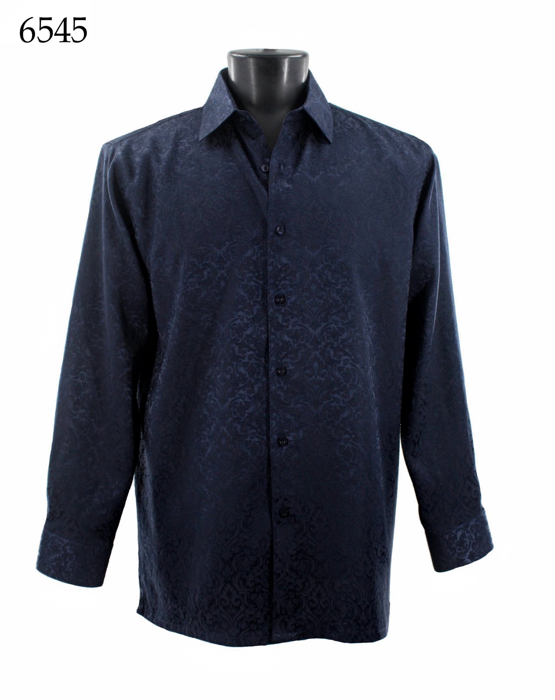 The Bassiri Long Sleeve Shirt 6545, navy blue with a subtle floral pattern, is elegantly displayed on a mannequin torso, showcasing its stylish regular fit for fashion enthusiasts.