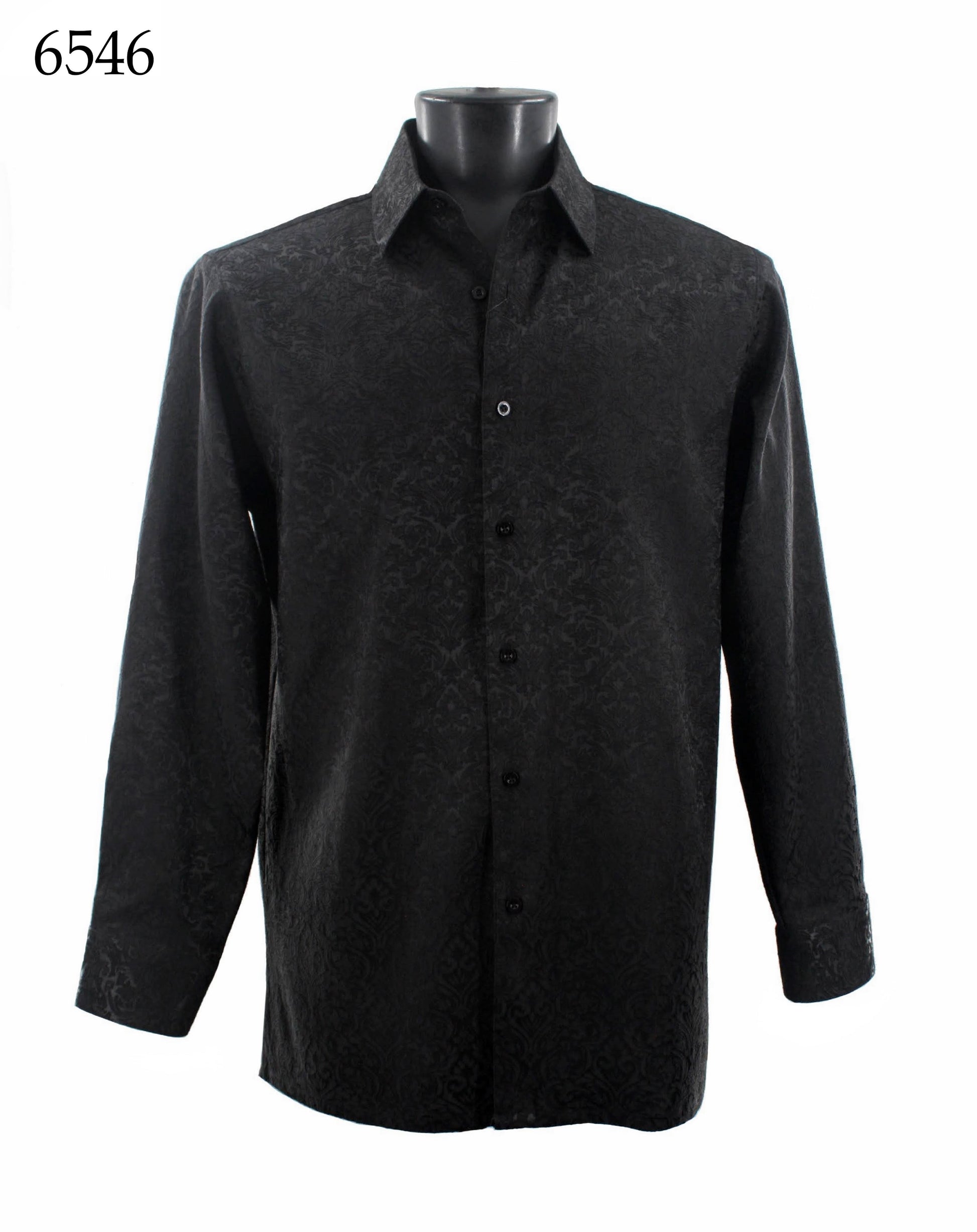 The Bassiri Long Sleeve Shirt 6546 by Bassiri is a fashion-forward and elegant regular fit black button-up, featuring a subtle paisley pattern and a convenient left-side pocket.