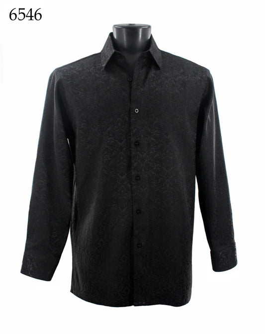 The Bassiri Long Sleeve Shirt 6546 by Bassiri is a fashion-forward and elegant regular fit black button-up, featuring a subtle paisley pattern and a convenient left-side pocket.