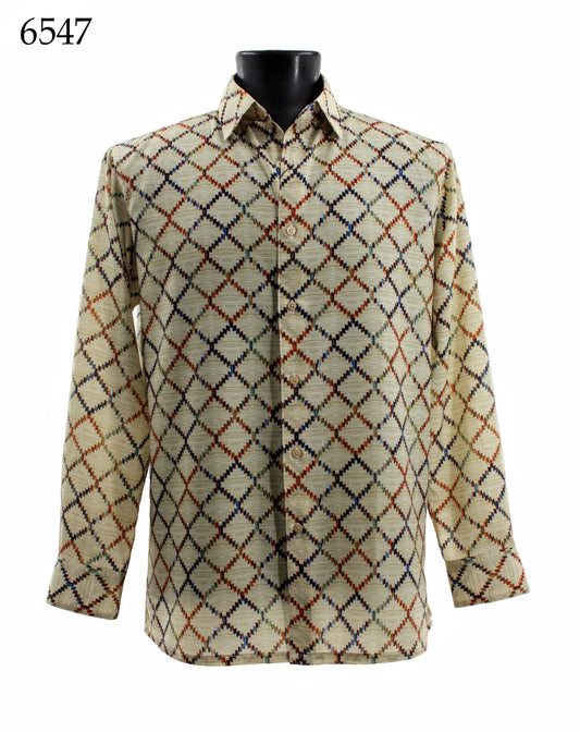 A Bassiri Long Sleeve Shirt with a beige background featuring a red, black, and blue diamond pattern, labeled with number 6547 in the top left.