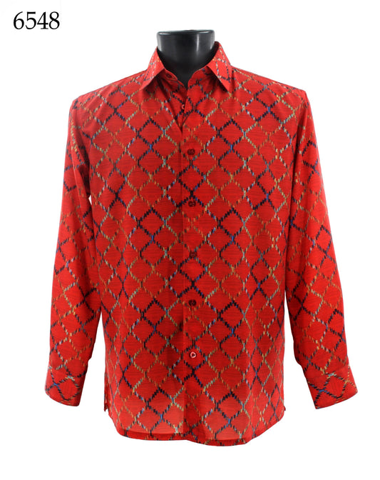 A Bassiri regular fit long-sleeve shirt, model 6548, in red with a diamond pattern, is elegantly displayed on a mannequin.