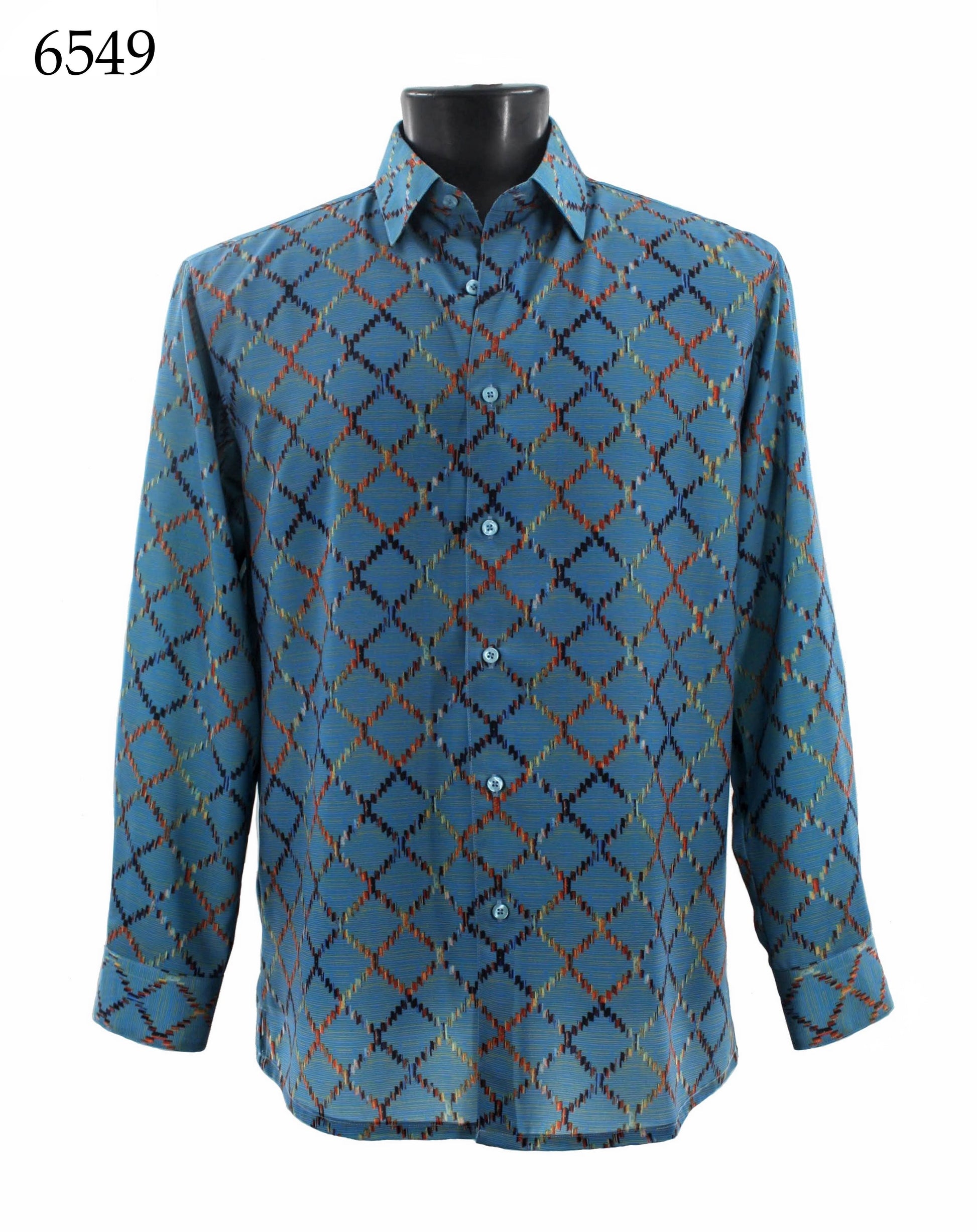 The Bassiri Long Sleeve Shirt 6549 by Bassiri features a regular fit, blue tone, and long sleeves with a geometric pattern of red, yellow, and black diamonds.