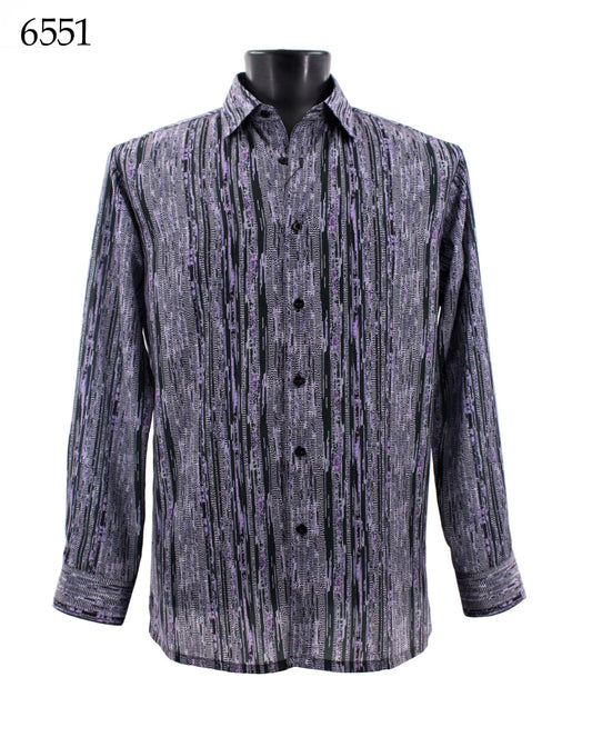 The Bassiri Long Sleeve Shirt 6551 by Bassiri, featuring a black and purple pattern in a Regular Fit, is displayed on a mannequin.