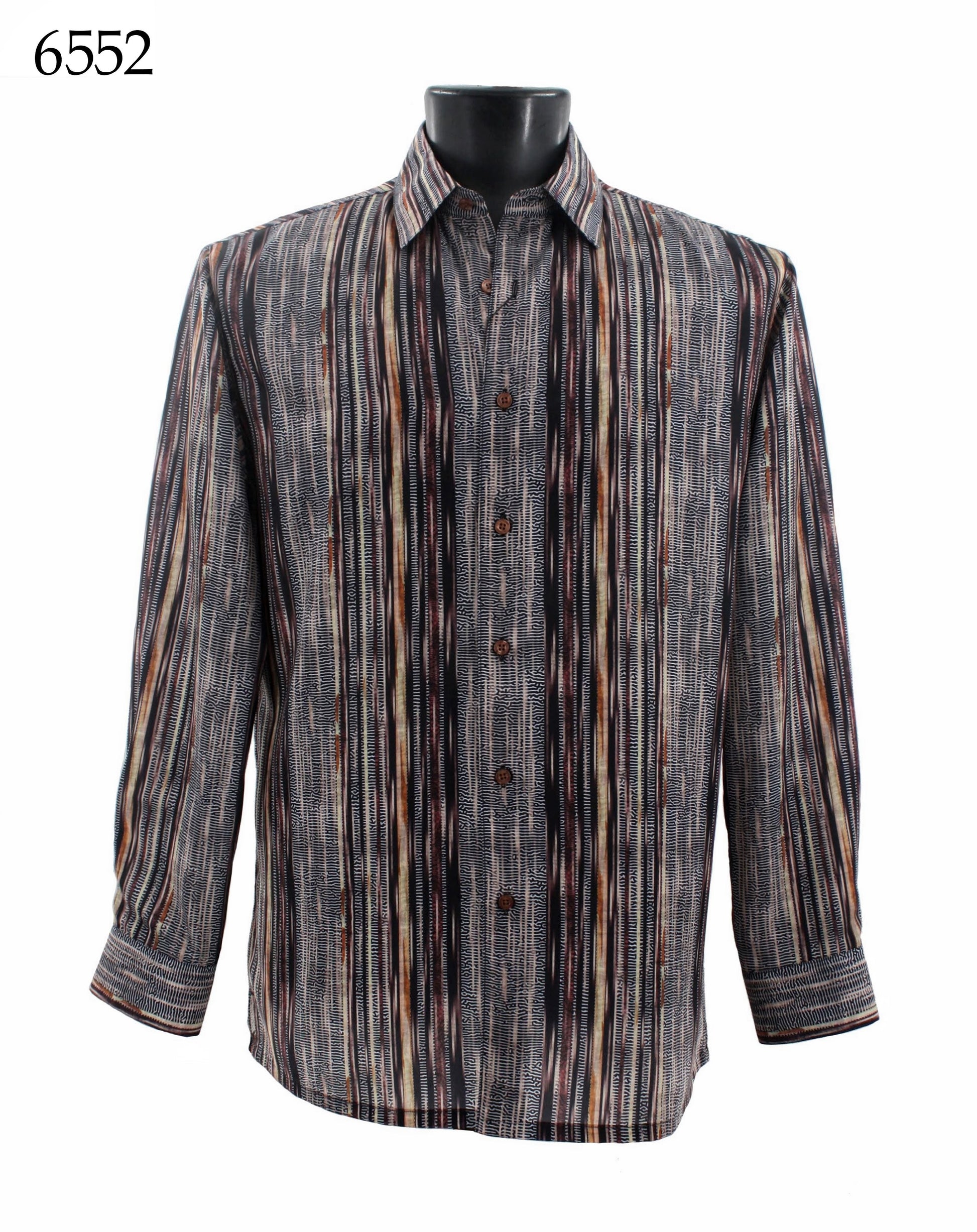 Bassiri Long Sleeve Shirt 6552 by Bassiri is a men's regular fit button-up with multicolored vertical stripes and a classic collar.