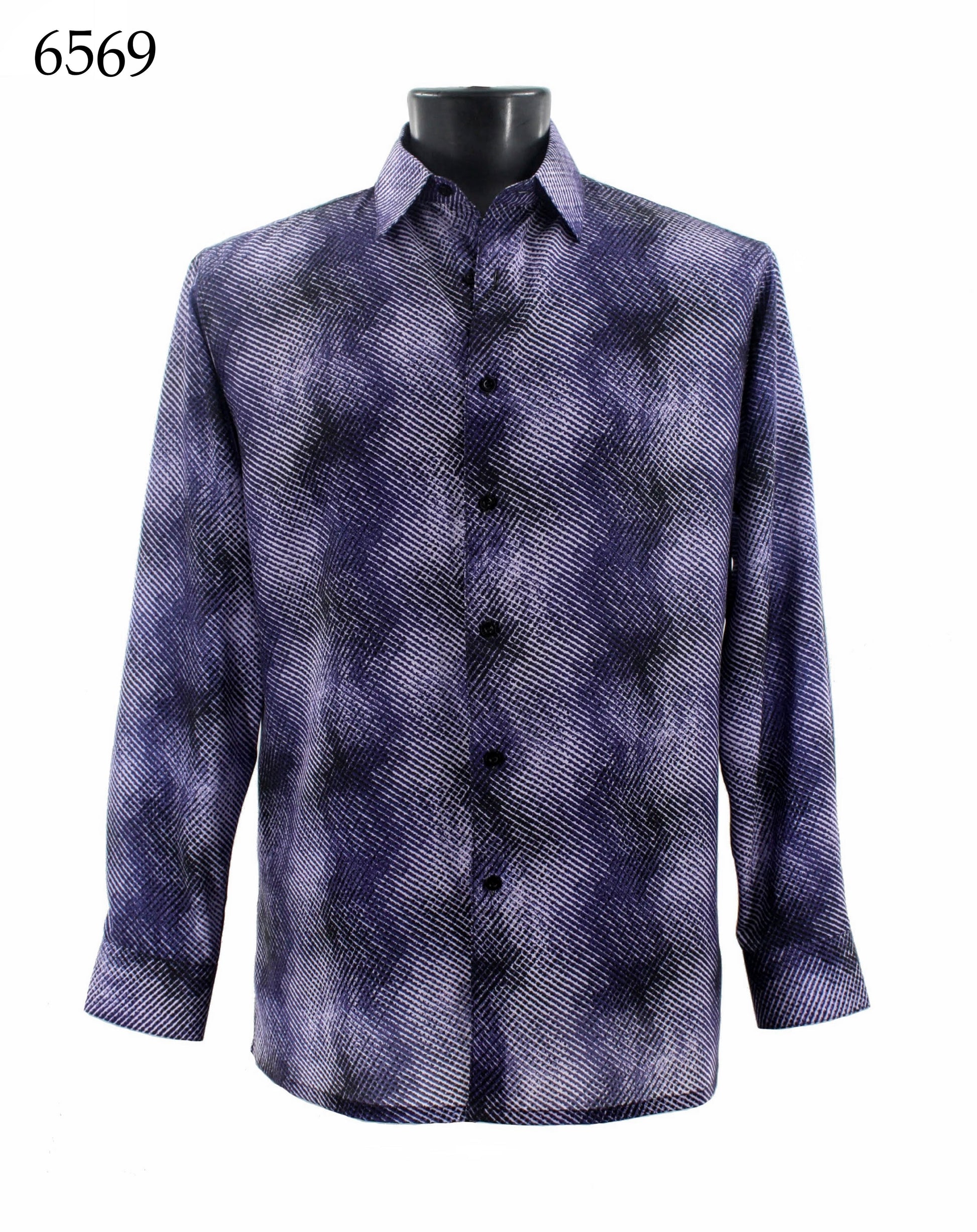 The Bassiri Long Sleeve Shirt 6569 by Bassiri features a captivating blue and white abstract pattern with a regular fit and button-up design.