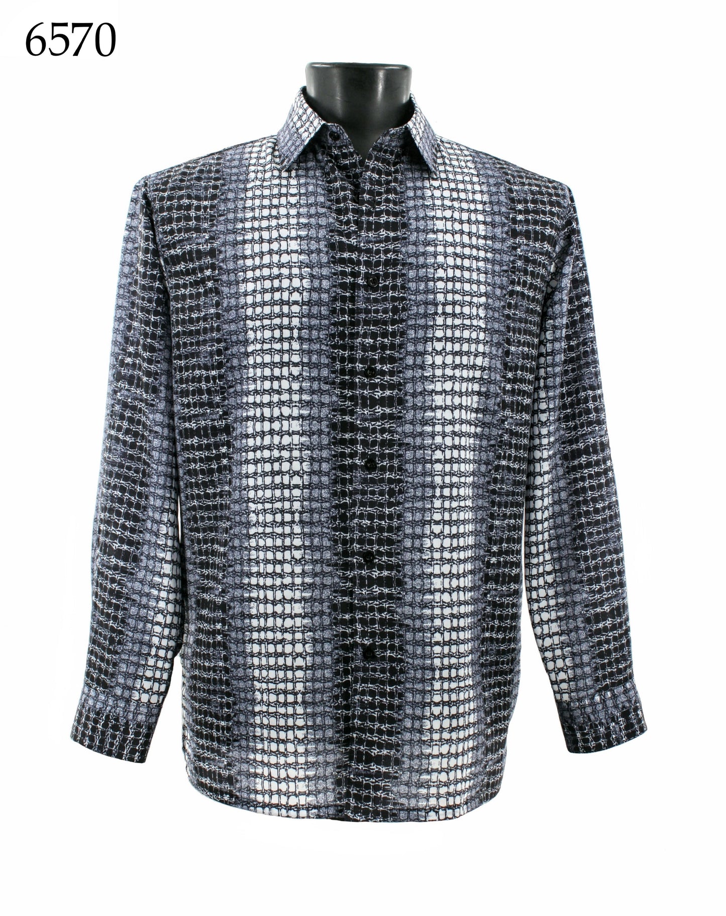 The Bassiri Long Sleeve Shirt 6570, by Bassiri, is a regular-fit patterned button-up with a woven design in black, white, and gray tones. Displayed on a torso mannequin.