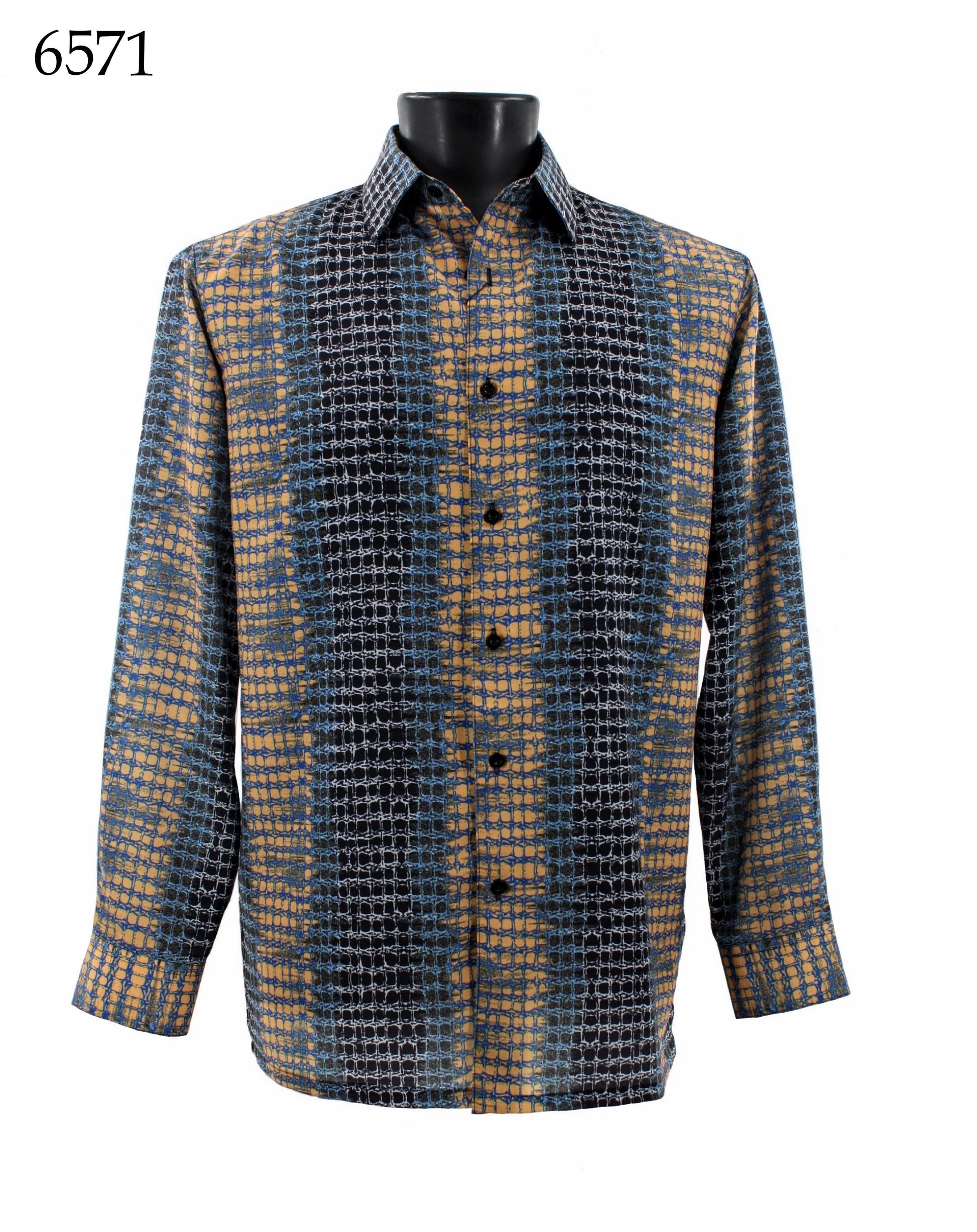 The Bassiri Long Sleeve Shirt 6571, featuring a geometric pattern in blue and tan hues, is displayed on a black mannequin torso and showcases modern apparel design.