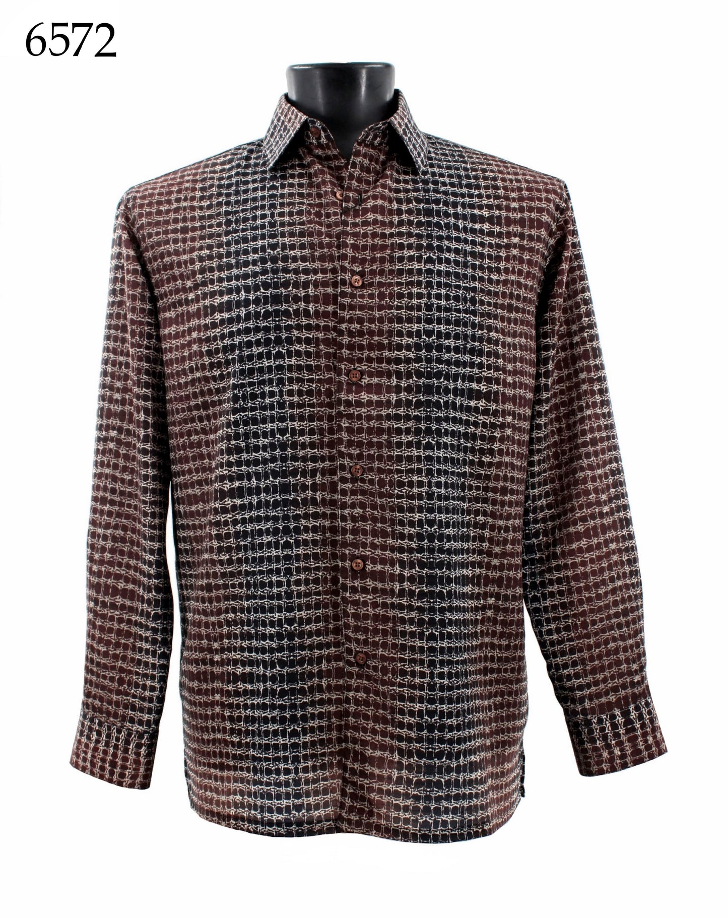 Displayed on a black mannequin torso, the Bassiri Long Sleeve Shirt 6572 features a regular fit with long sleeves and a brown, black, and white houndstooth pattern.