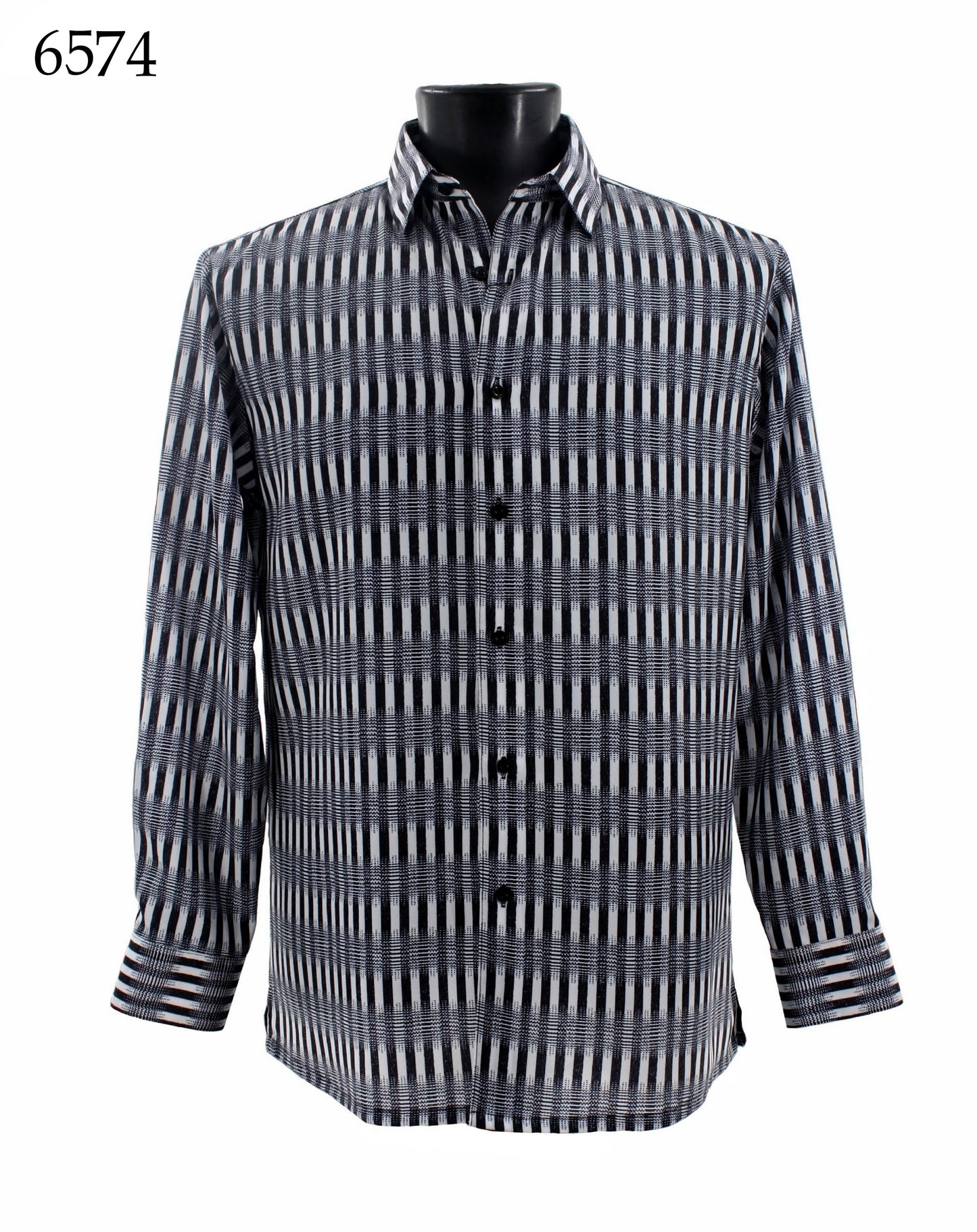 The Bassiri Long Sleeve Shirt 6574, featuring a regular fit and black and white checkered pattern, is elegantly displayed on a mannequin torso.