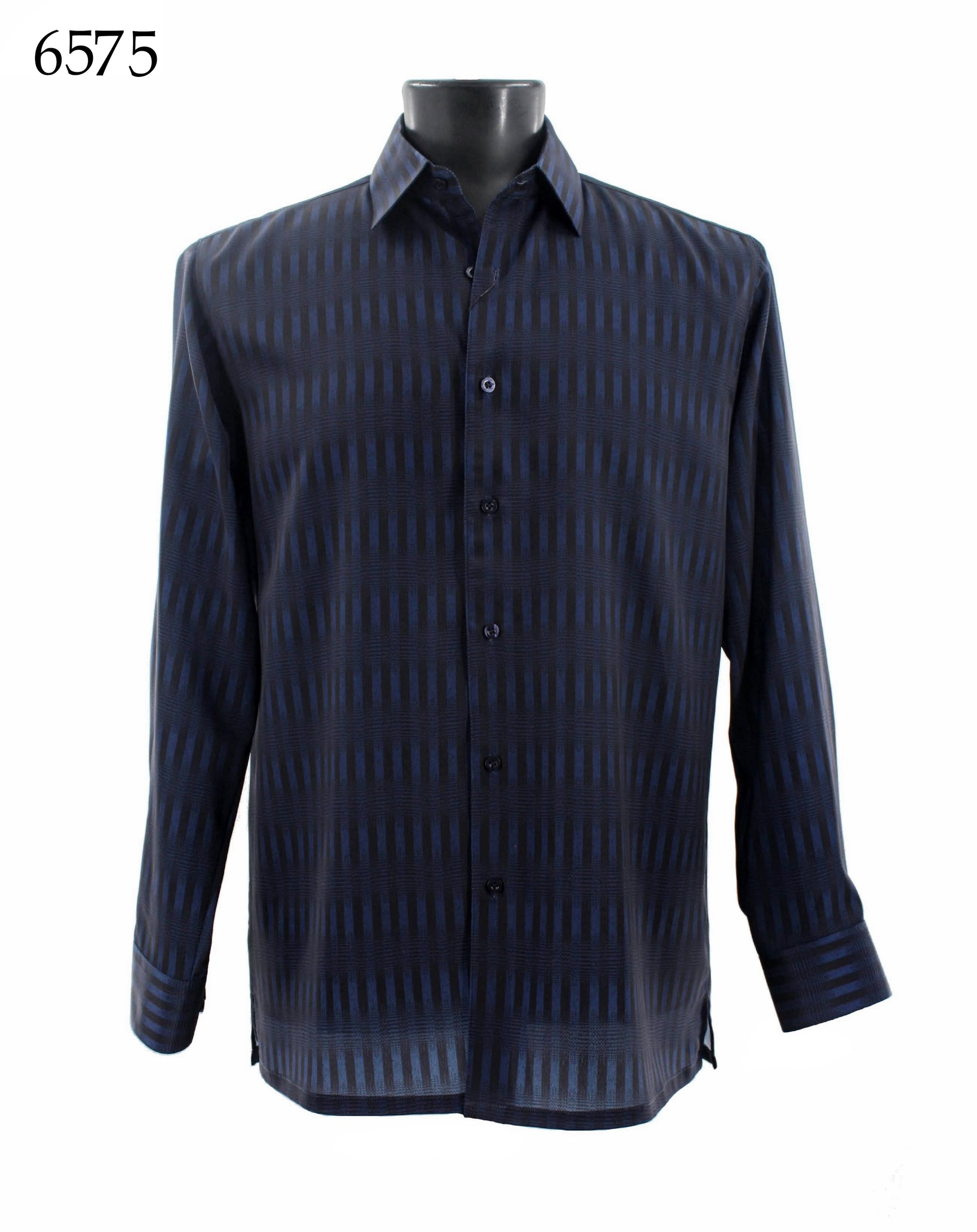 The Bassiri Long Sleeve Shirt 6575, a dark blue patterned men's regular fit button-down, is elegantly displayed on a mannequin.