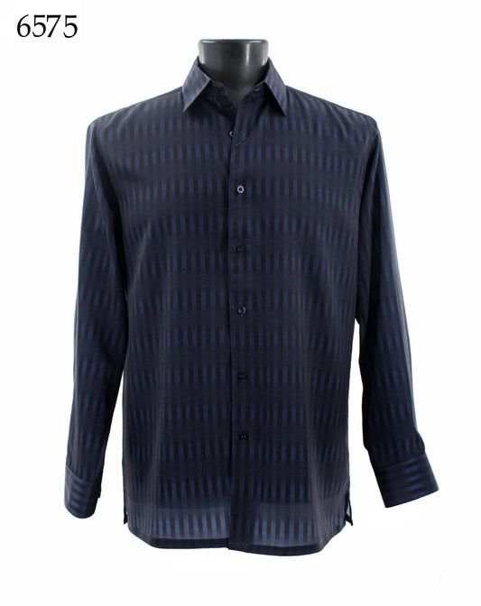 The Bassiri Long Sleeve Shirt 6575, a dark blue patterned men's regular fit button-down, is elegantly displayed on a mannequin.