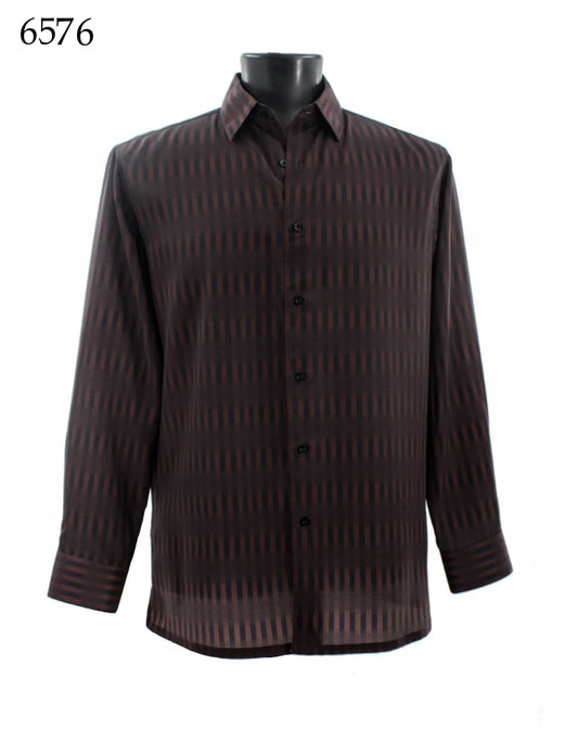 The Bassiri Long Sleeve Shirt 6576 is a brown regular fit with vertical stripes, displayed on a black mannequin torso.