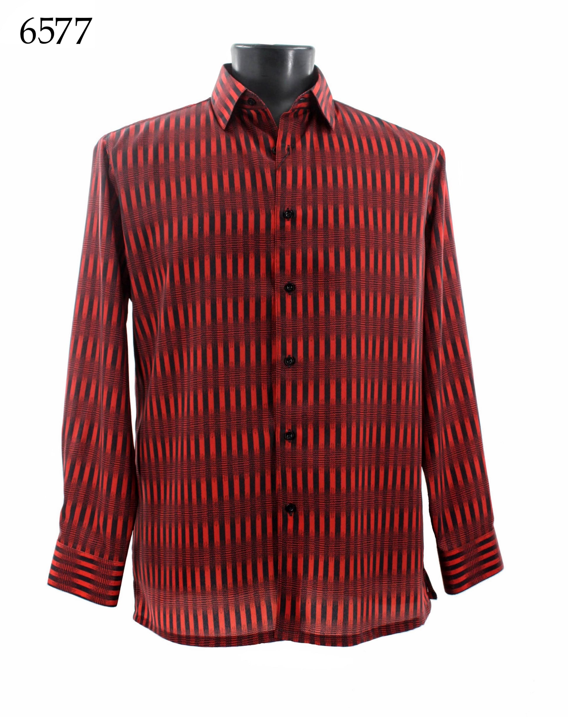 A mannequin displays the Bassiri Long Sleeve Shirt 6577, featuring a red and black striped design in a Regular Fit, with "6577" in the top left corner.