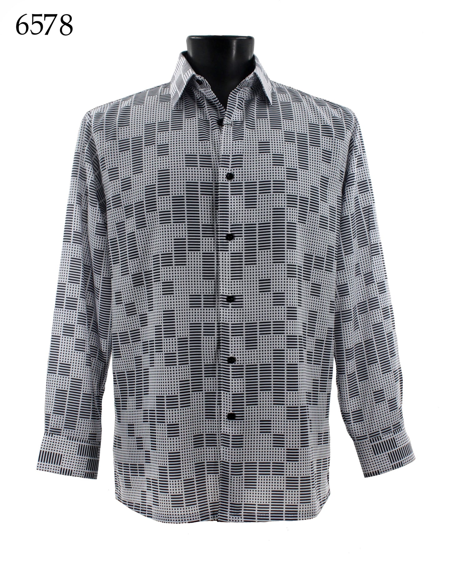 The Bassiri Long Sleeve Shirt 6578, with a regular fit and black/white pattern, elegantly displayed on a mannequin, features long sleeves and a collar. The subtle "6578" in the top left corner adds an intriguing touch.