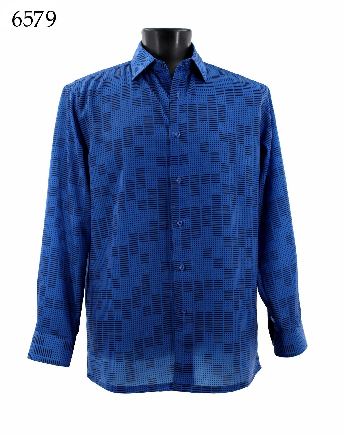 The Bassiri Long Sleeve Shirt 6579, a Regular Fit blue shirt with a black geometric pattern, is displayed on a mannequin.