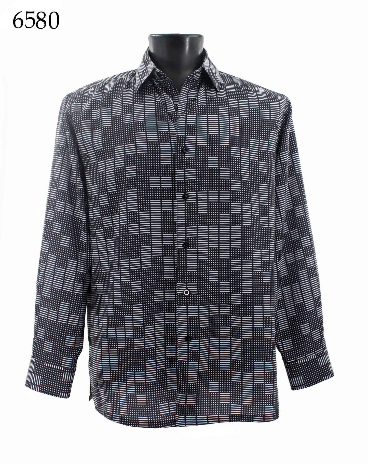 The Bassiri Long Sleeve Shirt 6580 from Bassiri, featuring a black and white pattern in a regular fit with long sleeves, is elegantly showcased on a mannequin.