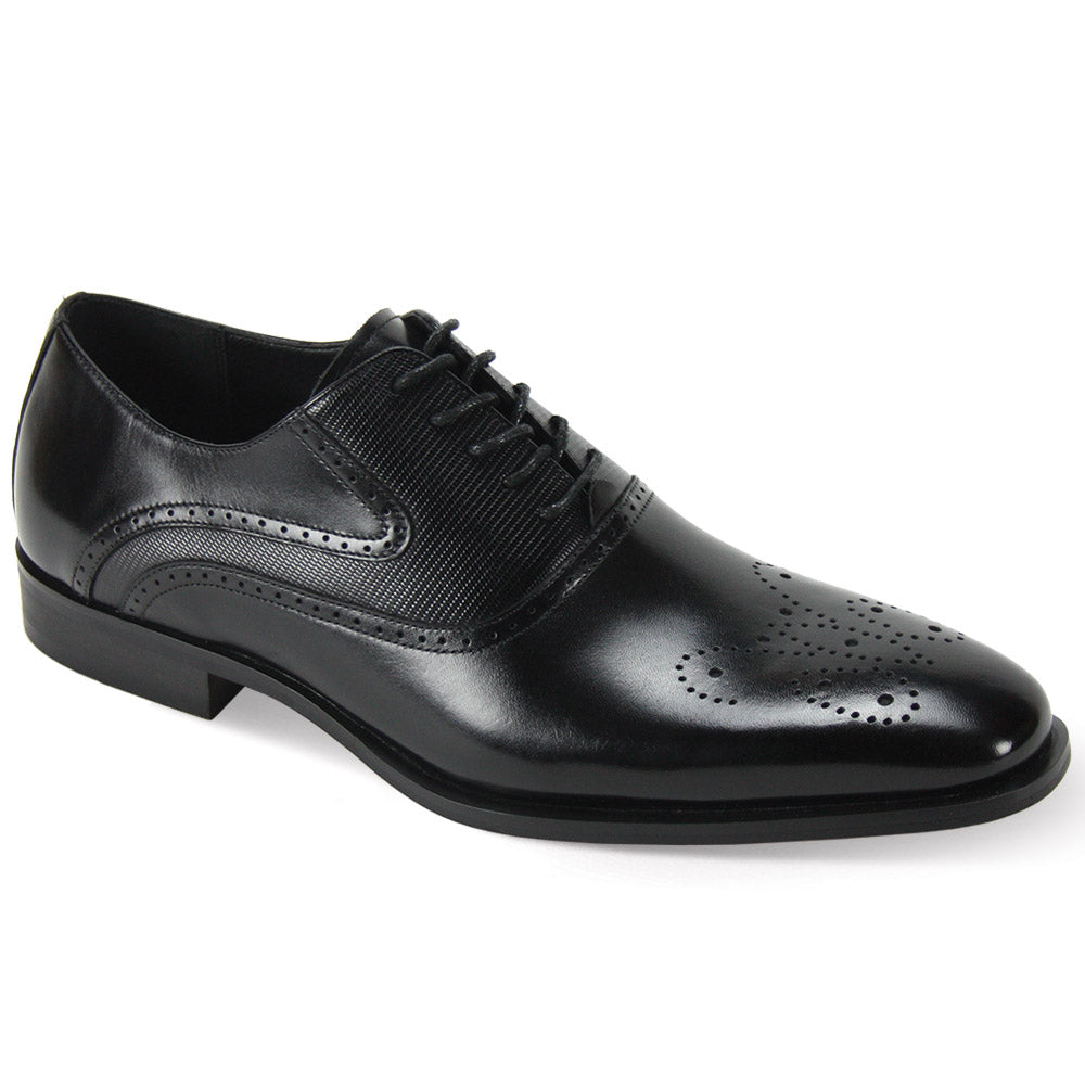 The Giorgio Venturi 6996 Black Leather Shoes feature decorative perforations, a medallion toe, lace-up closure, and a low heel.