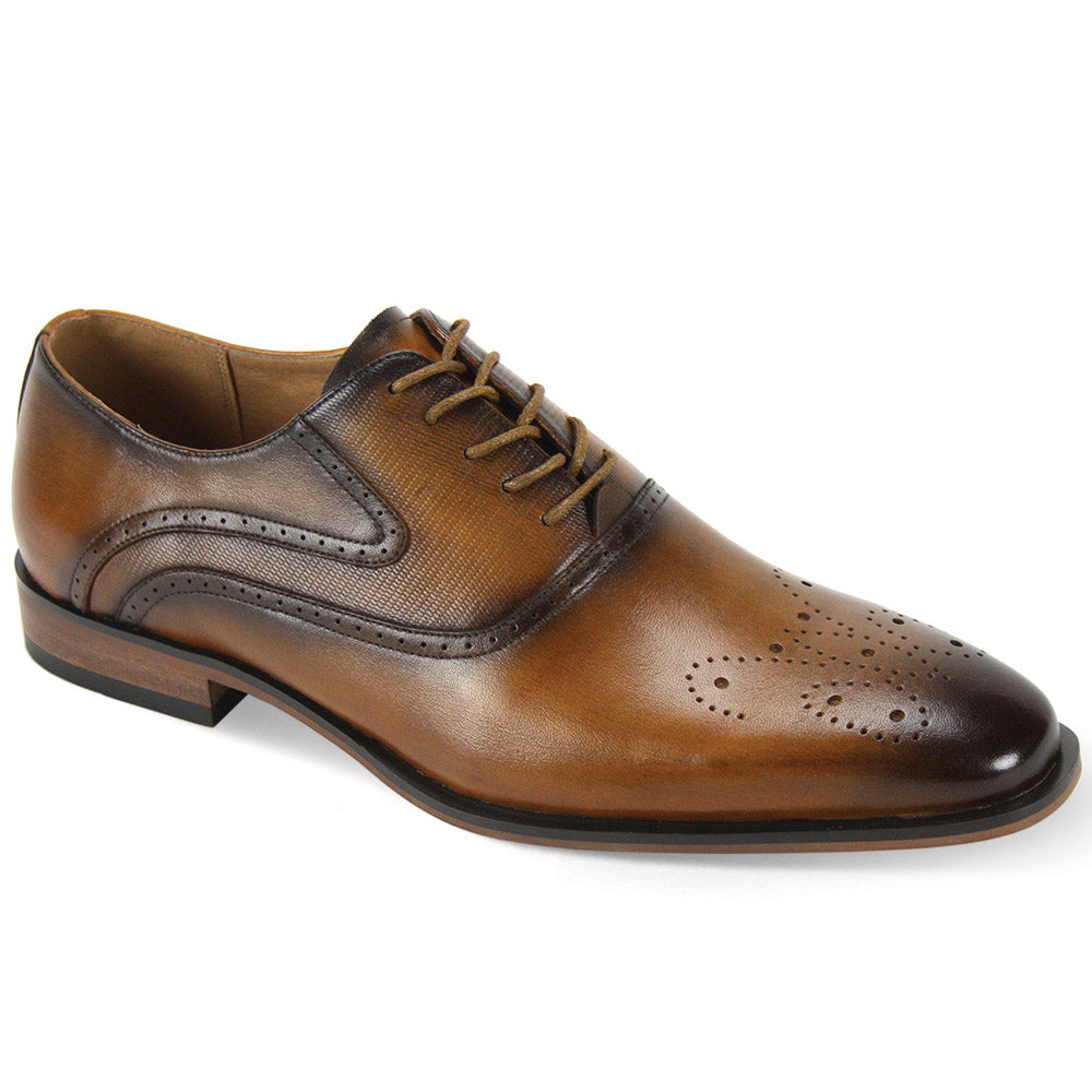 Giorgio Venturi 6996 Tan Leather Shoes, featuring elegant decorative perforations and stitching, with a darkened medallion toe and heel.