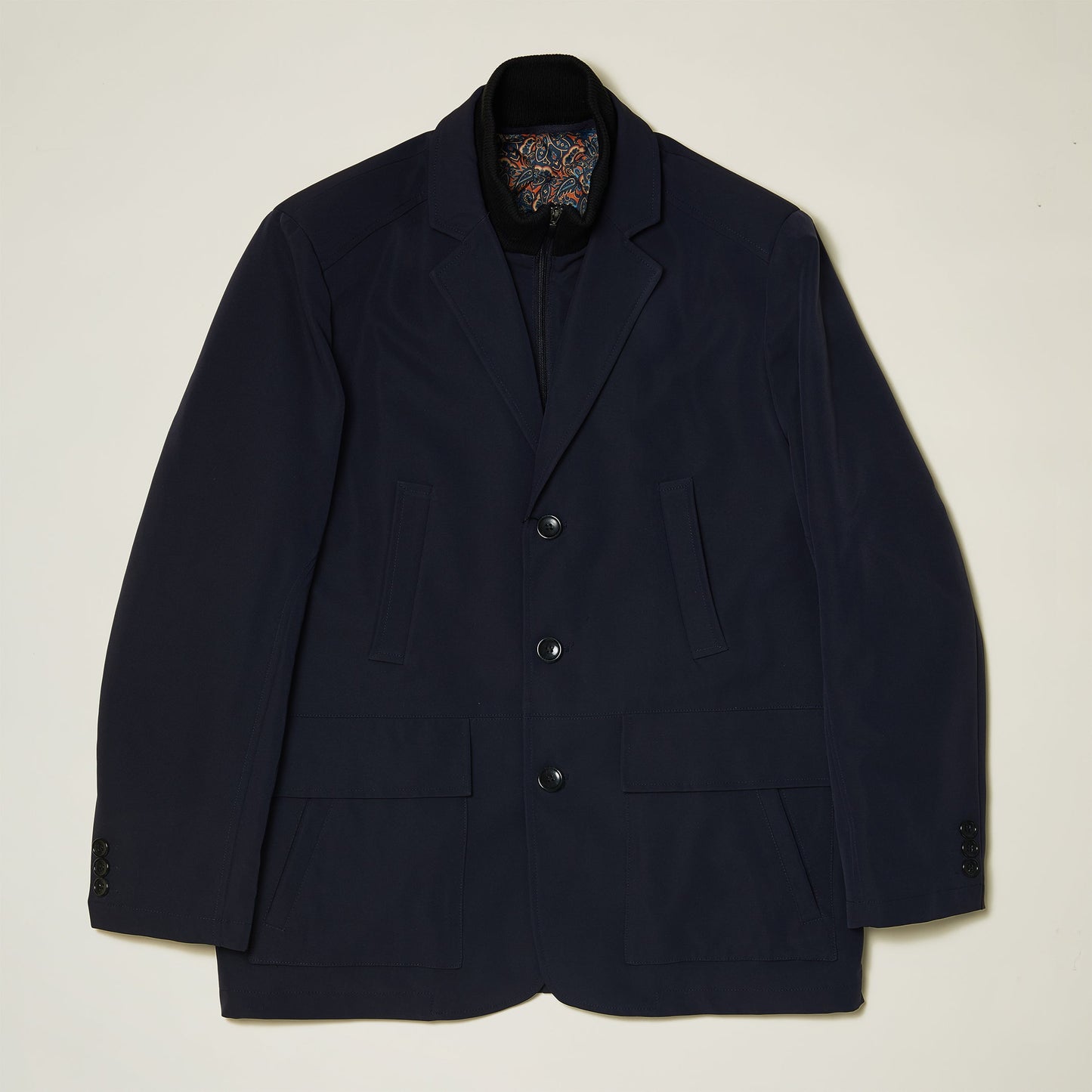 Inserch Jacket 567-11 in navy, featuring three buttons, two front pockets, and a patterned lining. (FINAL SALE) Available in sizes L, XL, and 2XL.