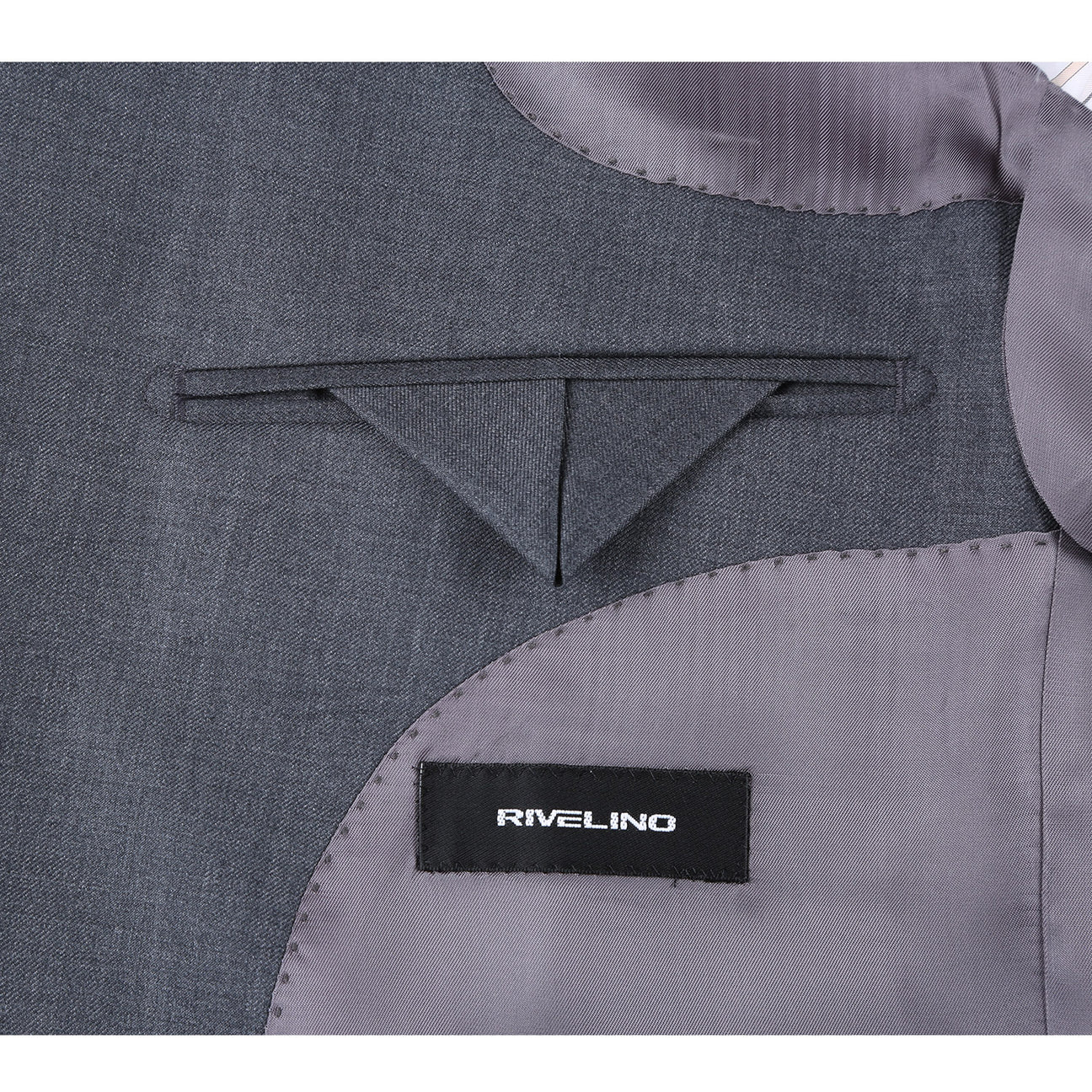 The RIVELINO Classic Fit Gray Half-Canvas Suit RHC100-4 by Rivelino is elegantly showcased on a mannequin, paired with a white dress shirt and a blue striped tie.