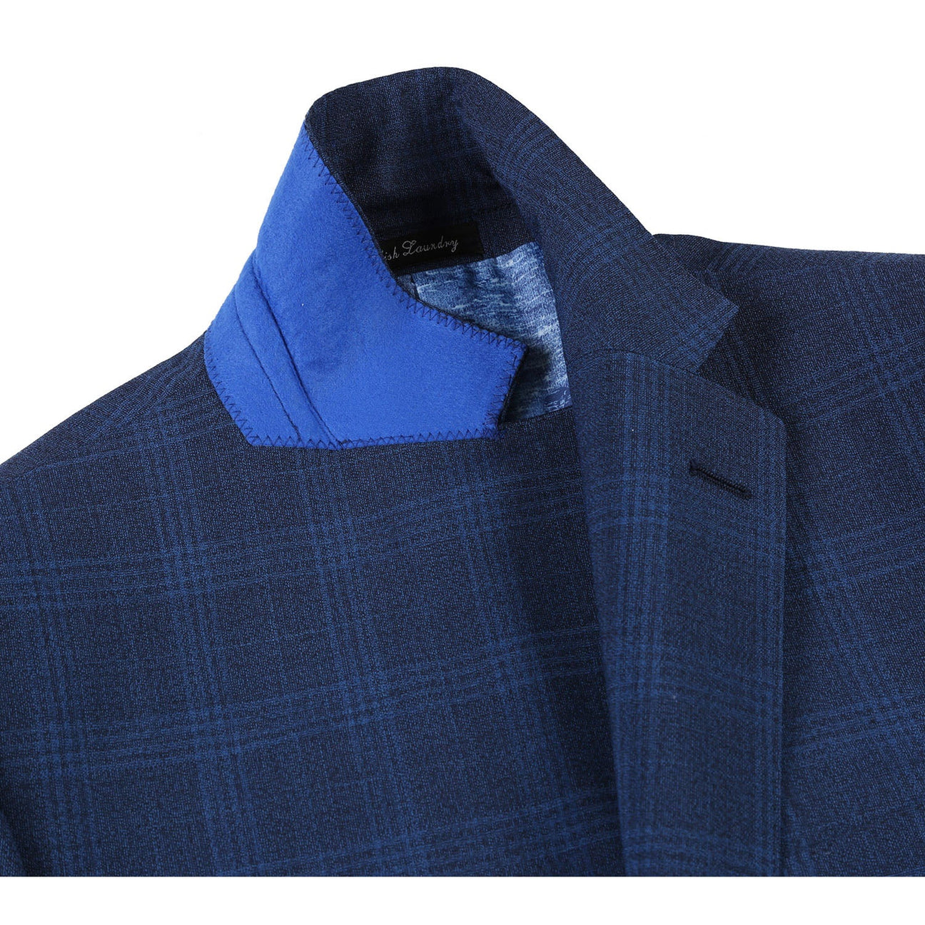 The ENGLISH LAUNDRY Airforce Blue Plaid Wool Suit (EL72-50-412) from English Laundry is displayed on a mannequin. Featuring a stretch wool blend for the ultimate comfort, it elegantly pairs with a white shirt and blue tie, showcasing its slim fit silhouette against a plain backdrop.