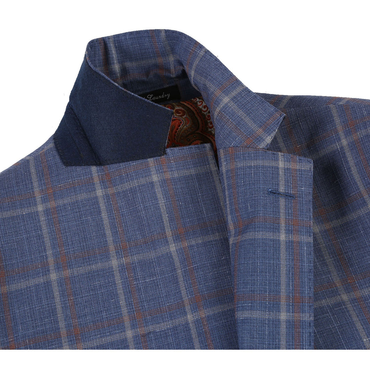 The mannequin elegantly showcases the ENGLISH LAUNDRY Light Steel Blue with Orange Check Wool Suit EL72-62-400 by English Laundry, in a sleek slim fit. It is beautifully paired with a crisp white shirt and a dark patterned tie.