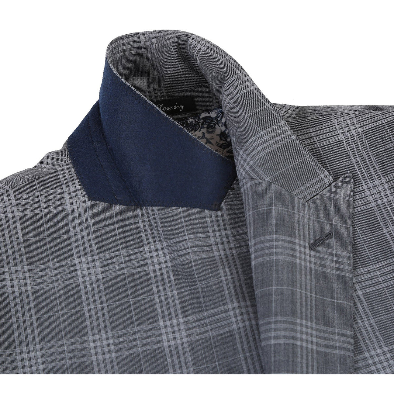 A slim fit jacket from English Laundry, specifically the ENGLISH LAUNDRY Gray Check Peak Wool Suit (EL72-58-093), featuring a peak lapel and two-button closure, elegantly complemented by a white shirt and an orange patterned tie, displayed on a mannequin.