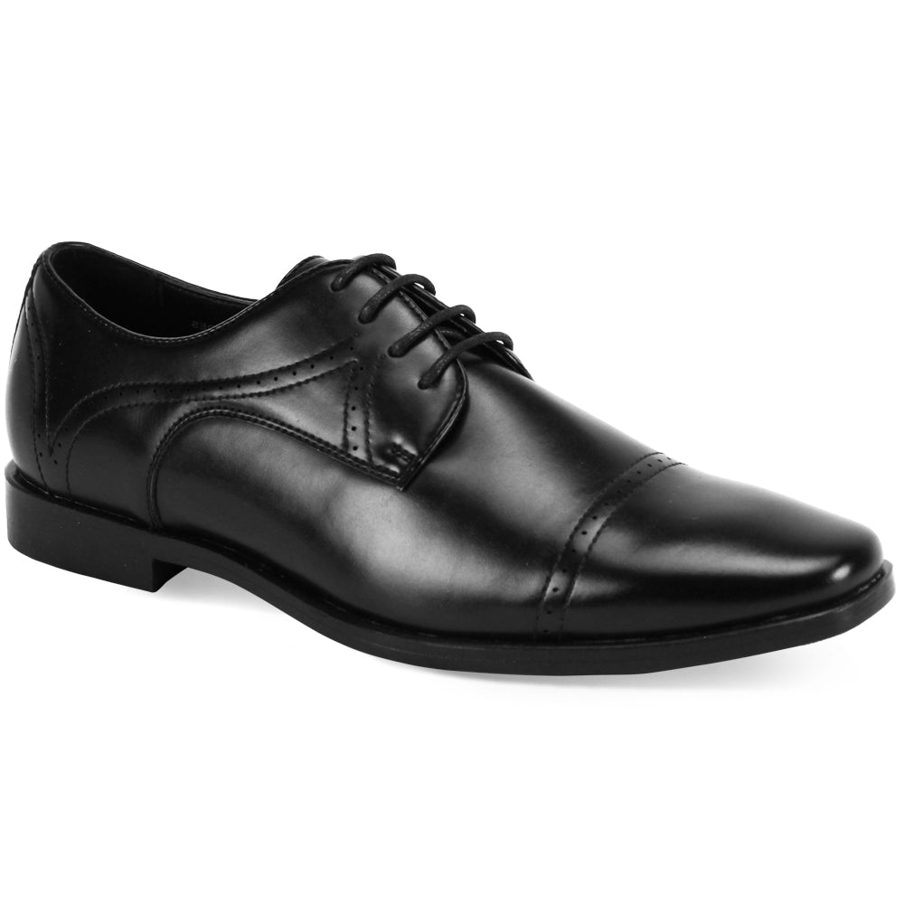 The Antonio Cerrelli 7000 Black Shoes (Medium) are presented against a white background, highlighting their classic style with a subtle moc toe design, polished leather finish, and intricate lace detailing.