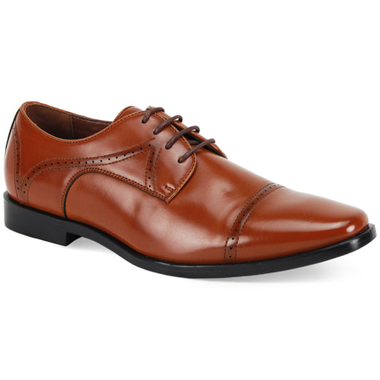 The Antonio Cerrelli 7000 Cognac Shoes (Medium) by Antonio Cerrelli offer a refined look with their brown leather dress design, synthetic upper, laces, intricate perforated details, cap toe, and low heel.