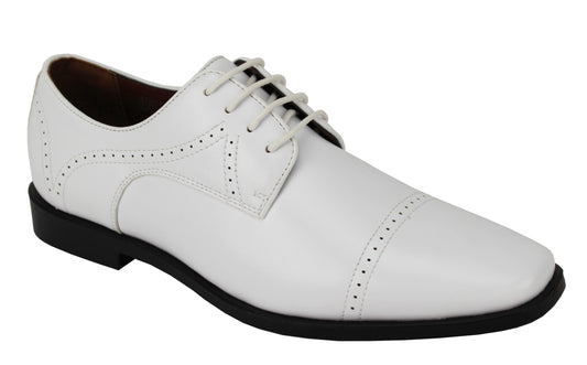 The Antonio Cerrelli 7000 White Shoes (Wide) are white leather dress shoes with a synthetic upper, detailed cap toe stitching, laces, and a low black heel.