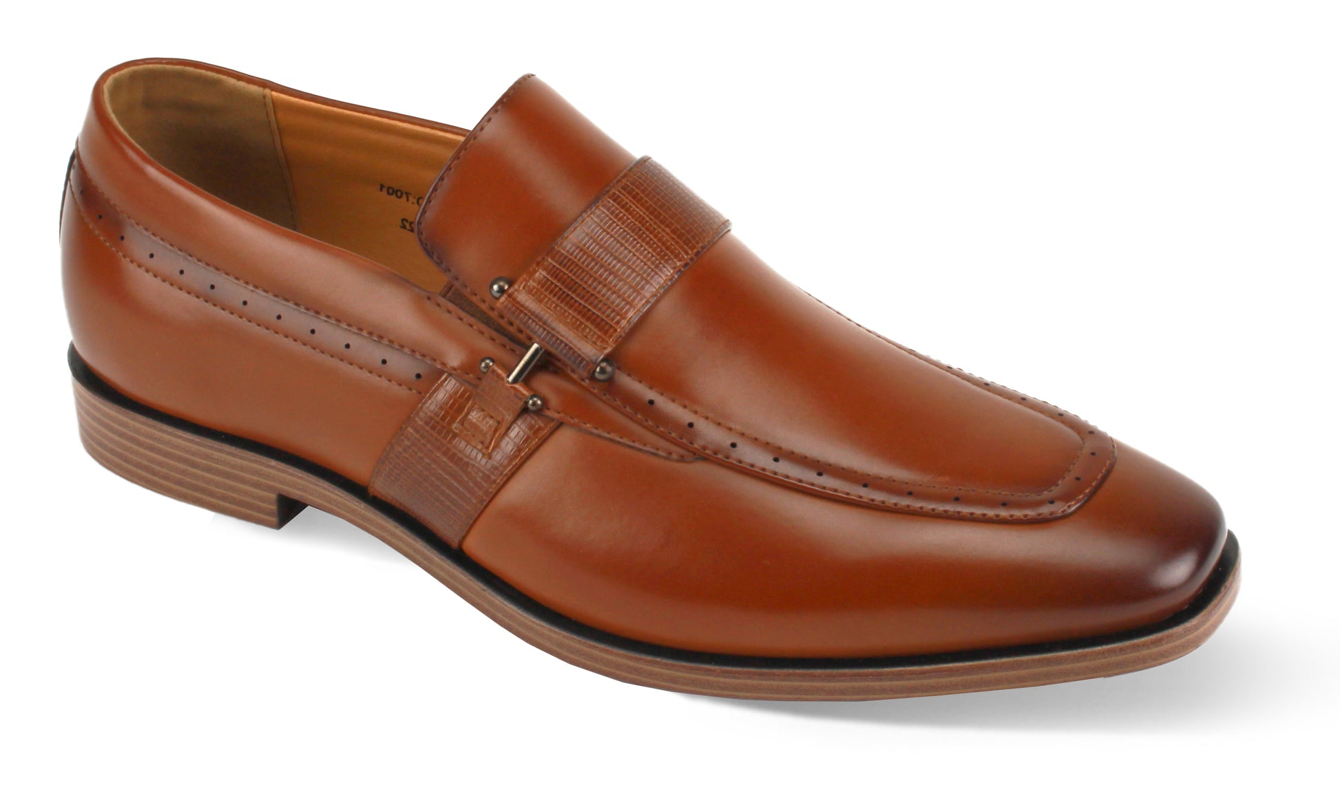 Antonio Cerrelli 7001 Cognac Shoes (Medium), featuring a stylish moc toe design, decorative strap, and low heel, displayed on a white background.