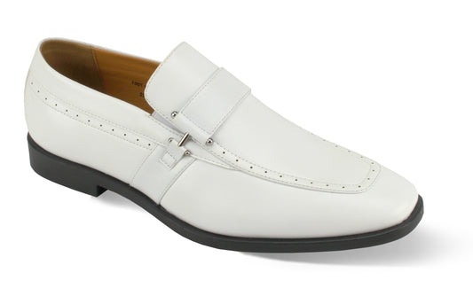 The Antonio Cerrelli 7001 White Shoes (Medium) by Antonio Cerrelli are crafted from white leather and feature a square toe design with a decorative strap across the instep, complemented by a black sole. These shoes offer a sleek slip-on style for effortless wear.