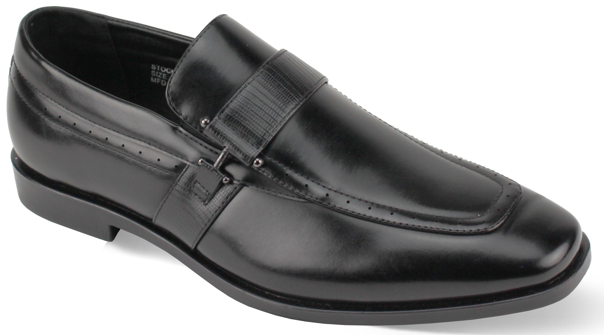 The Antonio Cerrelli 7001 Black Shoes (Wide) are black leather men's loafers that feature a slip-on design, complete with a decorative strap and intricate stitching details.