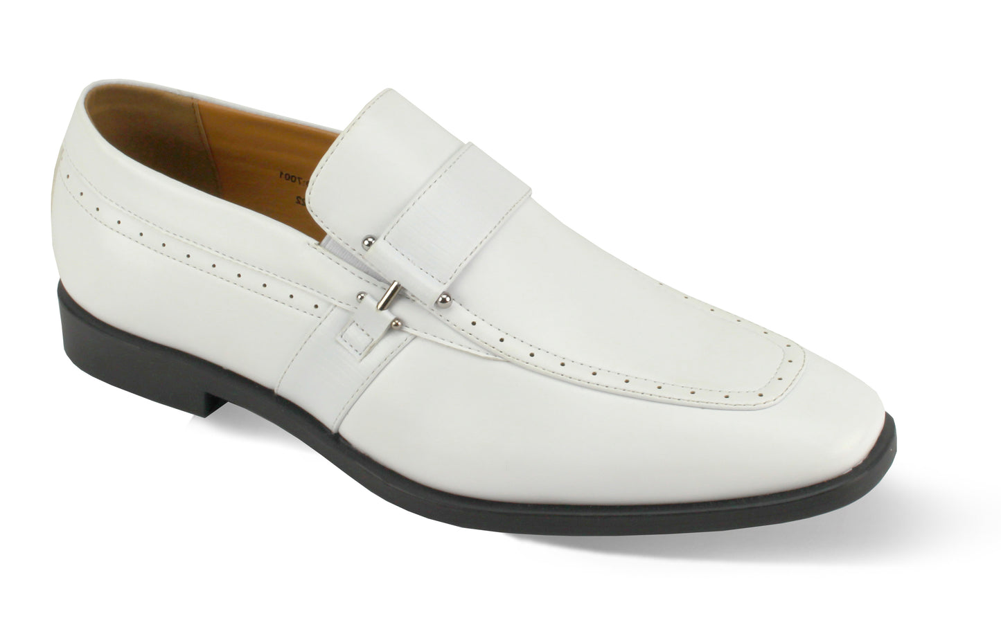 The Antonio Cerrelli 7001 White Shoes (Wide) are slip-on leather loafers by Antonio Cerrelli, featuring a decorative strap, moc toe stitching detail, and a contrasting black sole.