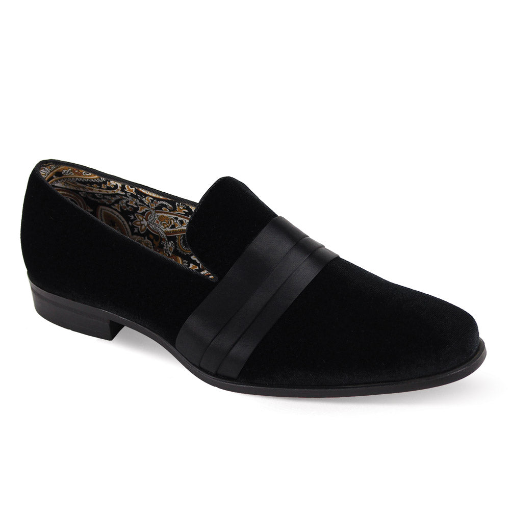 The After Midnight 7021 Black Dress Shoes by AFTER MIDNIGHT, featuring a satin strap and patterned interior, are elegantly displayed on a white background.