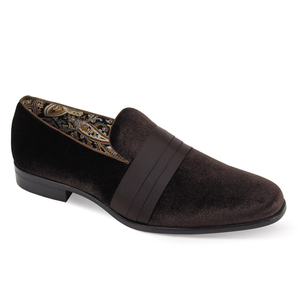 The After Midnight 7021 Chocolate Brown Dress Shoes by AFTER MIDNIGHT are dark brown velvet slip-ons with a plain toe, featuring a patterned interior lining and three satin straps across the front.