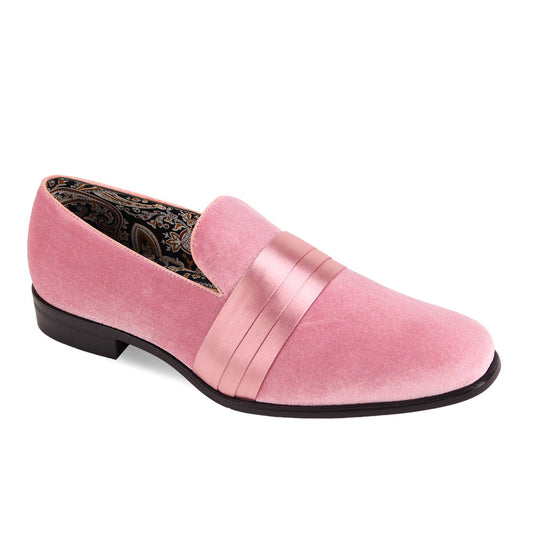 AFTER MIDNIGHT presents the After Midnight 7021 Light Pink Dress Shoes, featuring a pink velvet loafer design with a glossy satin strap detail and a black sole. The inner lining showcases an elegant paisley pattern.