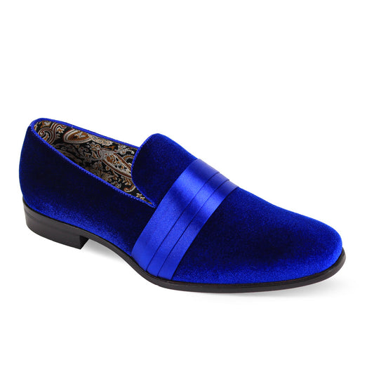 Discover the After Midnight 7021 Royal Dress Shoes by AFTER MIDNIGHT, featuring a plain toe design in luxurious royal blue velvet, accentuated by a satin strap across the top and adorned with a decorative inner lining.