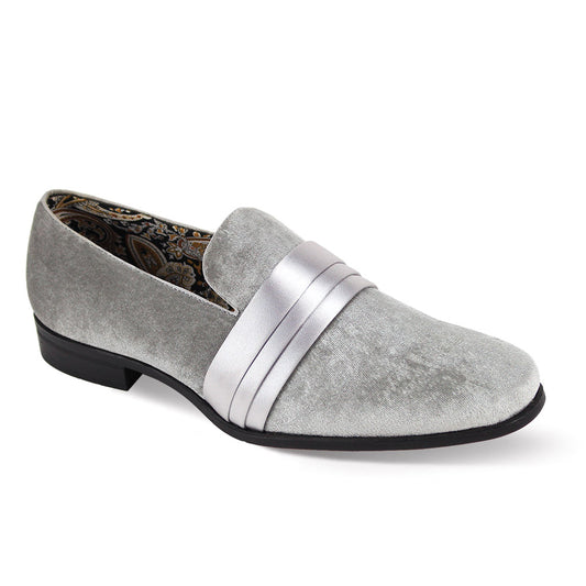 The After Midnight 7021 Silver Dress Shoes by AFTER MIDNIGHT are crafted in gray smoked velvet with a plain toe and a satin strap across the top, enhanced by a patterned inner lining.