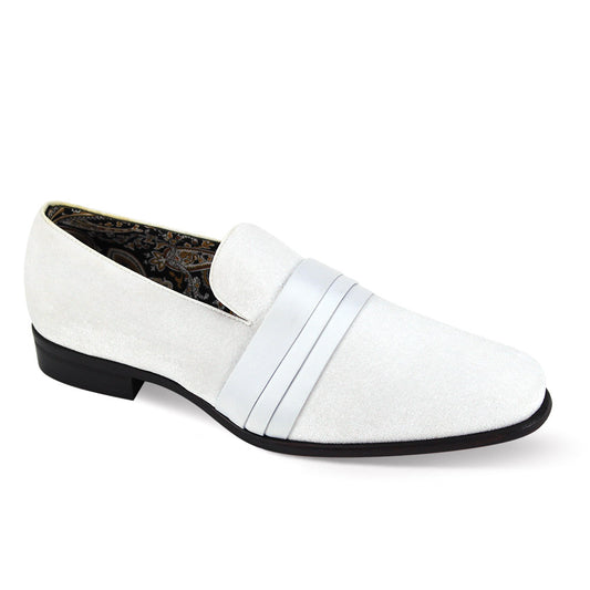 The After Midnight 7021 White Dress Shoes by AFTER MIDNIGHT are crafted with a white suede and smoker velvet upper, a black sole, and embellished with decorative silver bands across a satin strap.