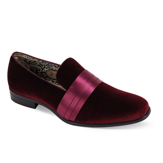 The After Midnight 7021 Wine Dress Shoes by AFTER MIDNIGHT are burgundy velvet loafers, adorned with a satin strap across the top and a black heel, featuring a patterned interior lining.