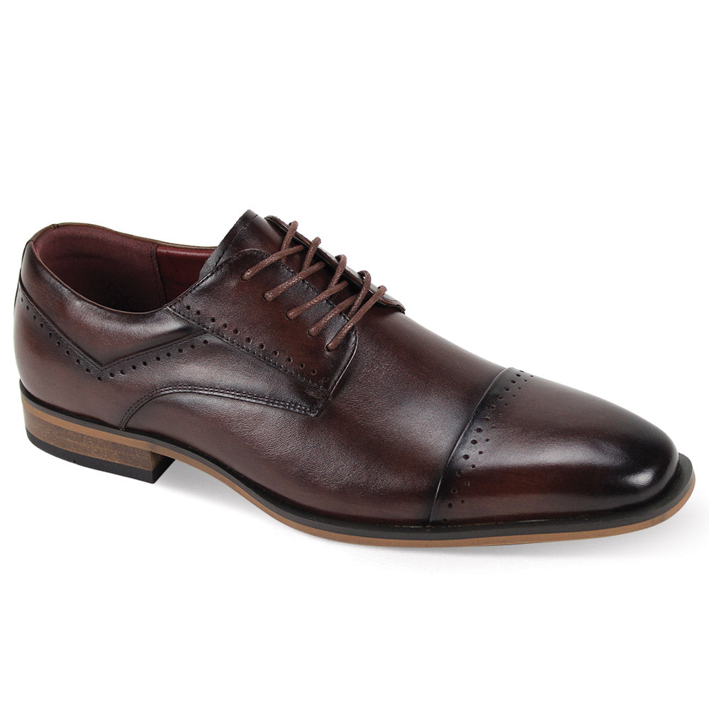 The Giorgio Venturi 7033 Brown Leather Shoes feature a dark brown leather design with brogue detailing, a cap toe, sleek laces, and a wooden heel.