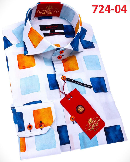 The Axxess Modern Fit Shirt 724-04 is a folded men's shirt designed with a geometric pattern of orange and blue squares, accented by red tags.